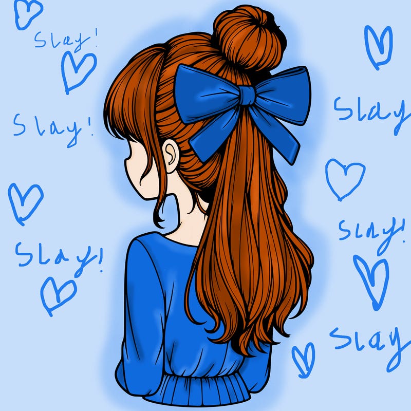 realistic girl  with hip length hair a bun and a big bow on the back of head