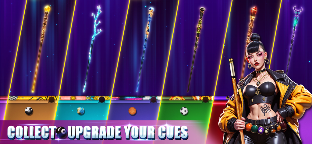 8 Ball Battle - Pool Games - Un personaggio eroina in piedi accanto a un espositore di stecche da biliardo da collezione luminose e palle da biliardo personalizzate