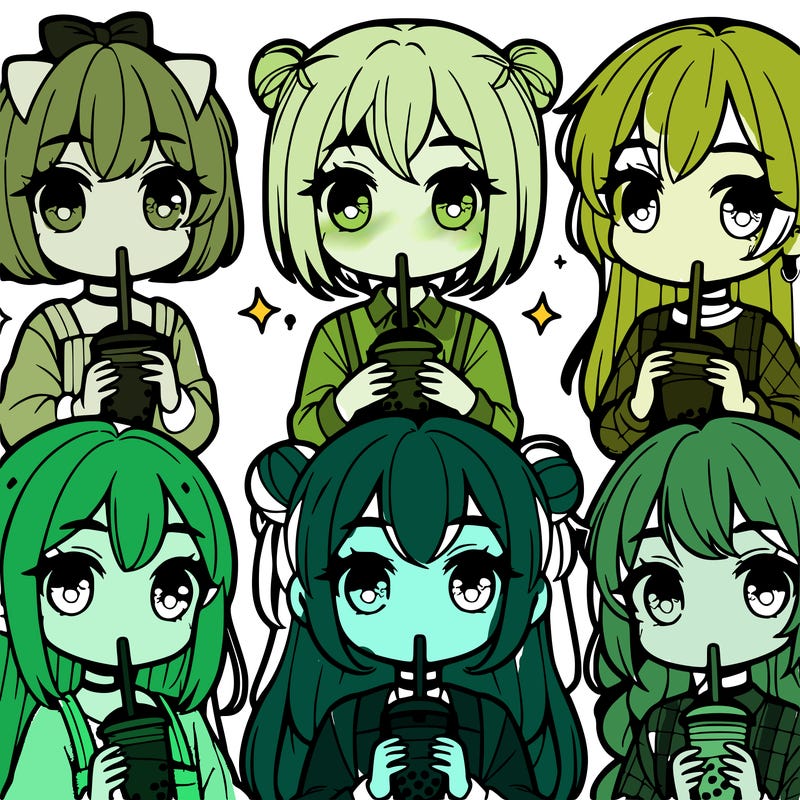 6 cute manga girls drinking boba