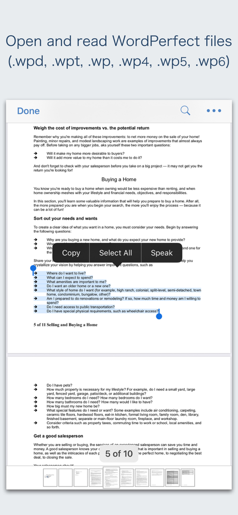 WPD Reader app interface displaying a WordPerfect document with text selection and page thumbnails