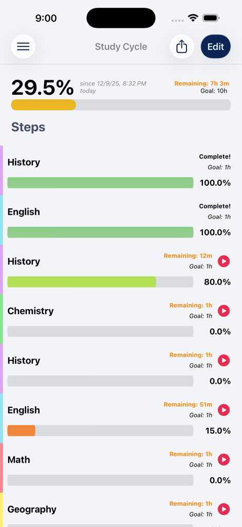 Interface of the Aprovado app displaying a study cycle with progress bars for multiple subjects like History and English.