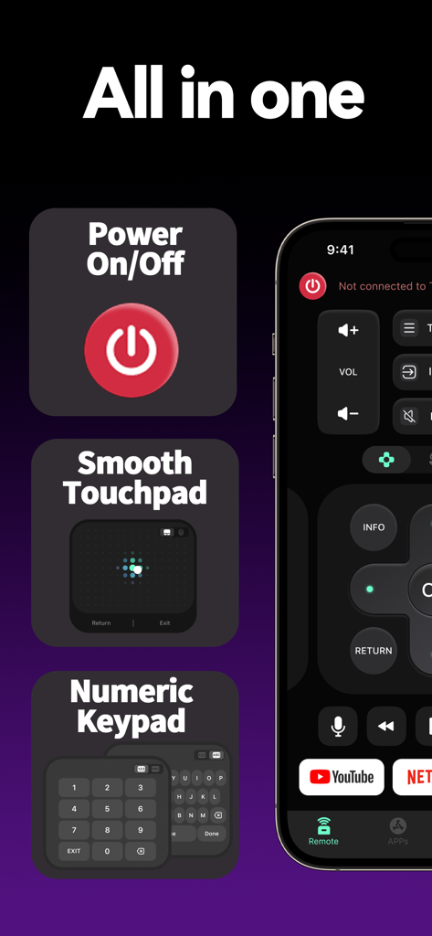 Universal Remote™ -TV Control - Universal Remote app interface showing power controls, smooth touchpad, and numeric keypad features