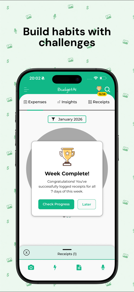 Bill Organizer - BudgetAI - Bill Organizer BudgetAI app showing a week complete milestone for a financial tracking challenge