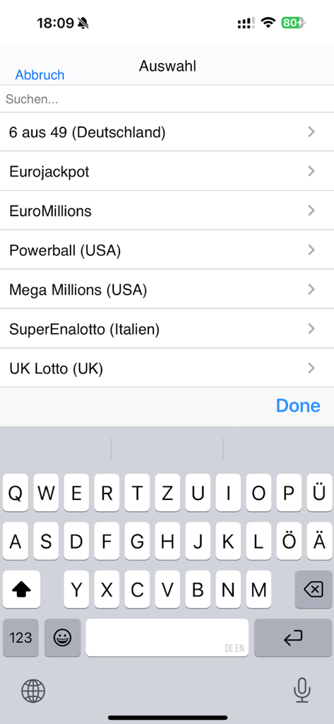 Lotto-O-Mat Ki - Lottery selection screen in the Lotto-O-Mat Ki app featuring Powerball Mega Millions and Eurojackpot