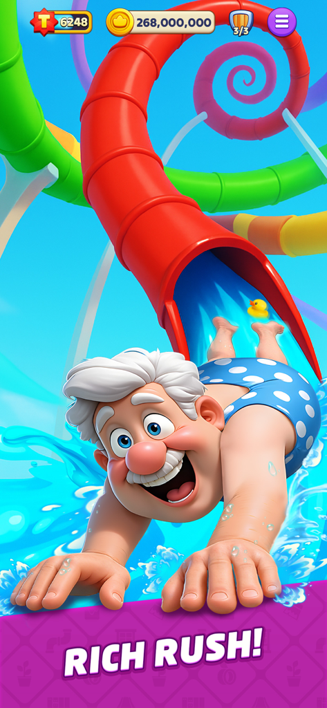 A cheerful cartoon character sliding down a colorful water slide during a Rich Rush event in Top Tycoon.