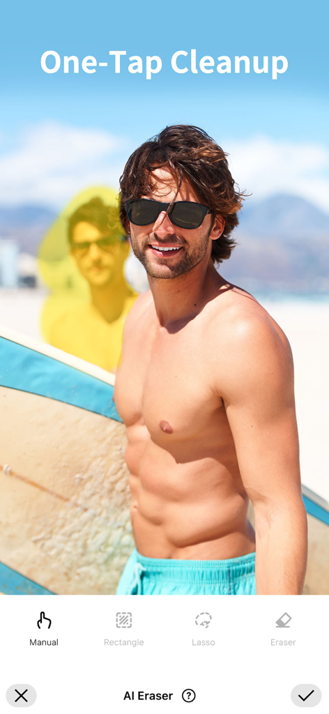 BodyApp- Best Body Editor - BodyApp interface showing the AI Eraser tool removing a person from the background of a beach photo