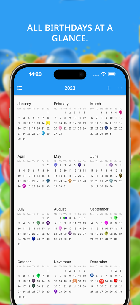 Birthday calendar and reminder - Una vista de calendario de todo el año en un iPhone que muestra recordatorios de cumpleaños marcados con iconos coloridos.