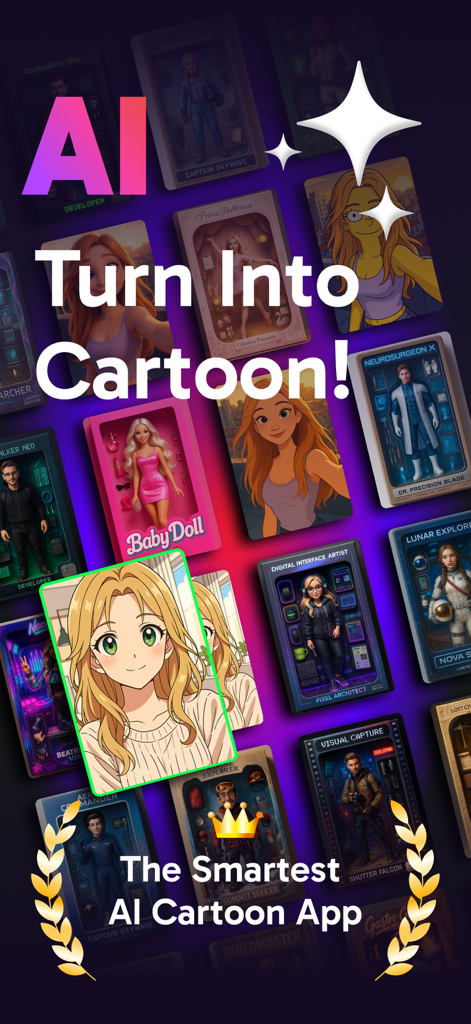 3D Cartoon Photo Editor-Toonme - Eine Collage aus verschiedenen KI-generierten Cartoon- und Anime-Charakterstilen aus einer Fotoeditor-App