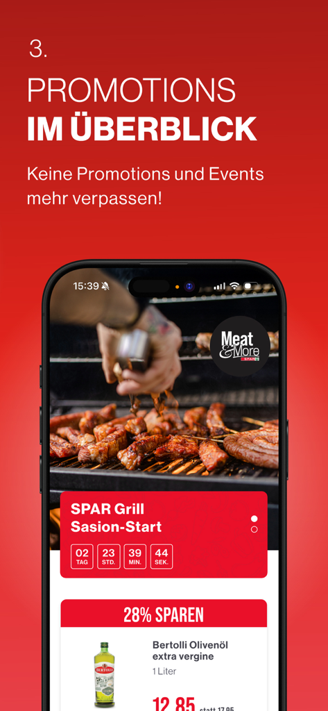 SPAR Schweiz - SPAR Schweiz app interface showing grocery promotions and a grill season countdown