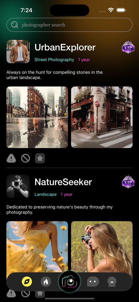Fotzy - Live Chat, Discover - Écran de découverte de l'application Fotzy présentant les profils d'utilisateurs et les portfolios de photographie en mode sombre
