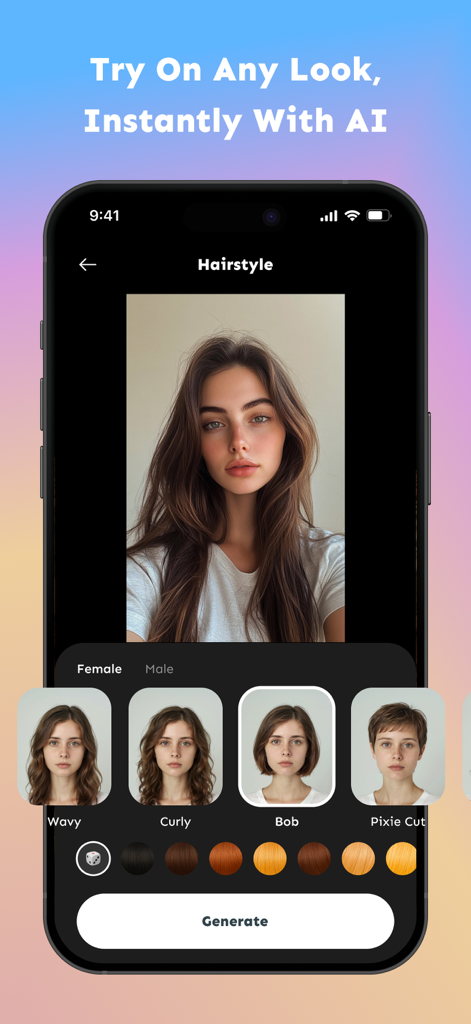 Interfaz de aplicación de filtro de peinado con IA con opciones de prueba virtual para diferentes cortes y colores.
