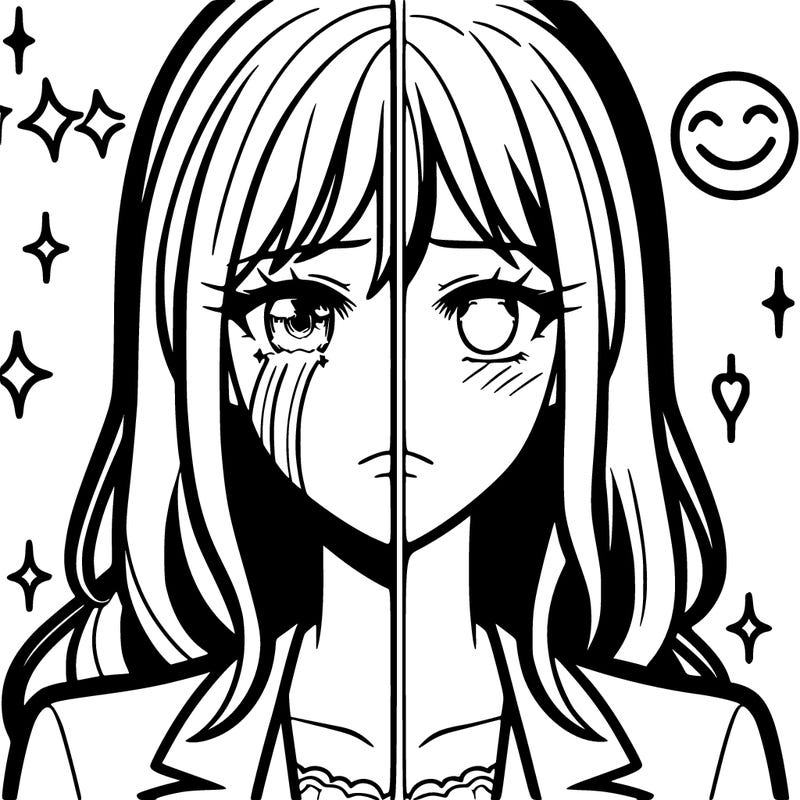 half sad half happy anime style woman