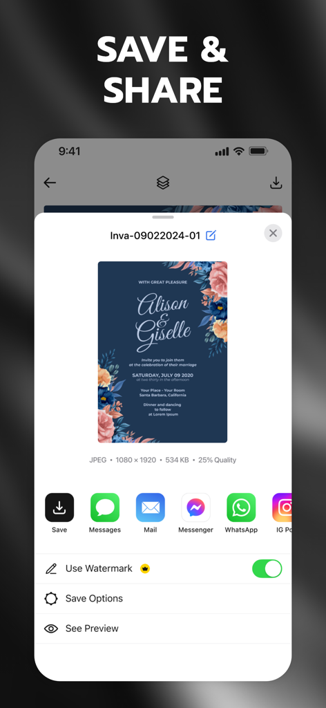 Invitation Maker + RSVP - Interface de aplicativo móvel mostrando opções para salvar e compartilhar um convite digital personalizado de casamento via aplicativos de mensagens e redes sociais.