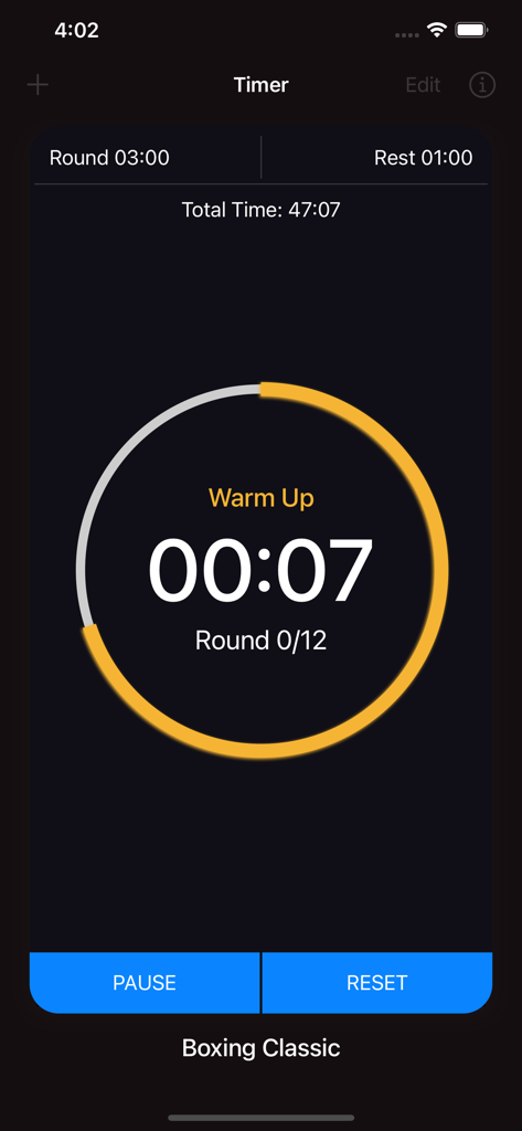 Boxing Timer : Interval Timer - Boxing interval timer app interface during warm up phase