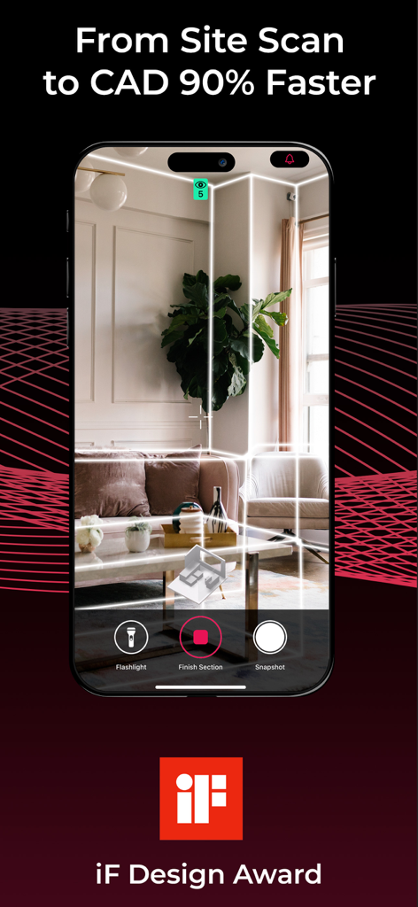 An iPhone screen displaying the Metaroom app performing a 3D LiDAR scan of a living room with digital wireframe overlays.