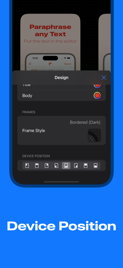 Screenshot Studio - App Mockup - Interface mostrando as configurações de personalização de posição do dispositivo e estilo da moldura para capturas de tela de aplicativos.
