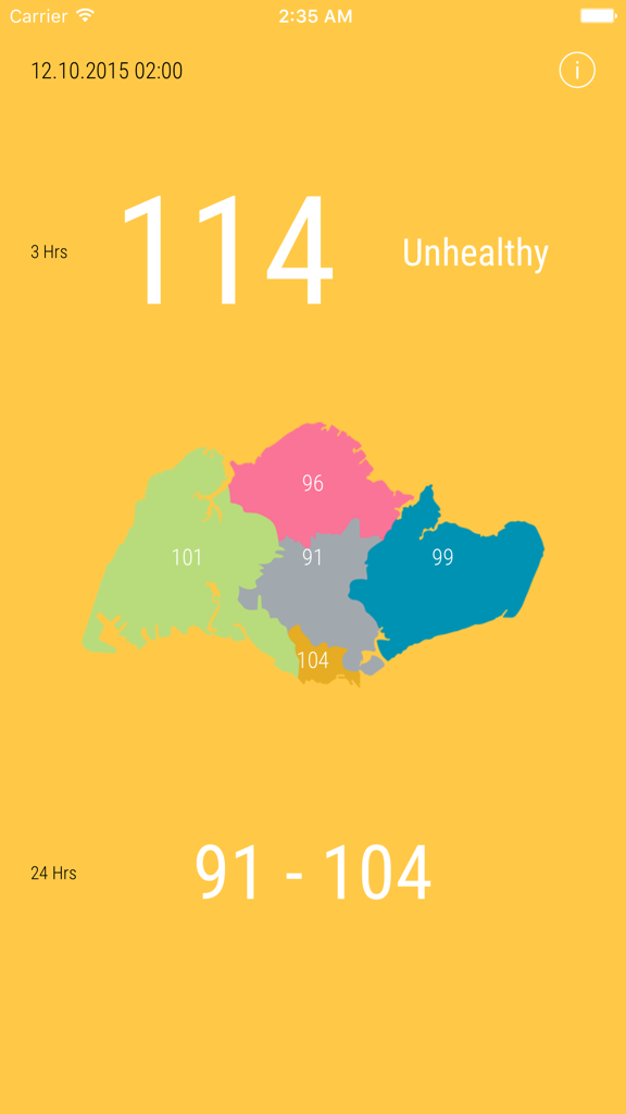 Haze Weather app showing unhealthy PSI levels across Singapore regions