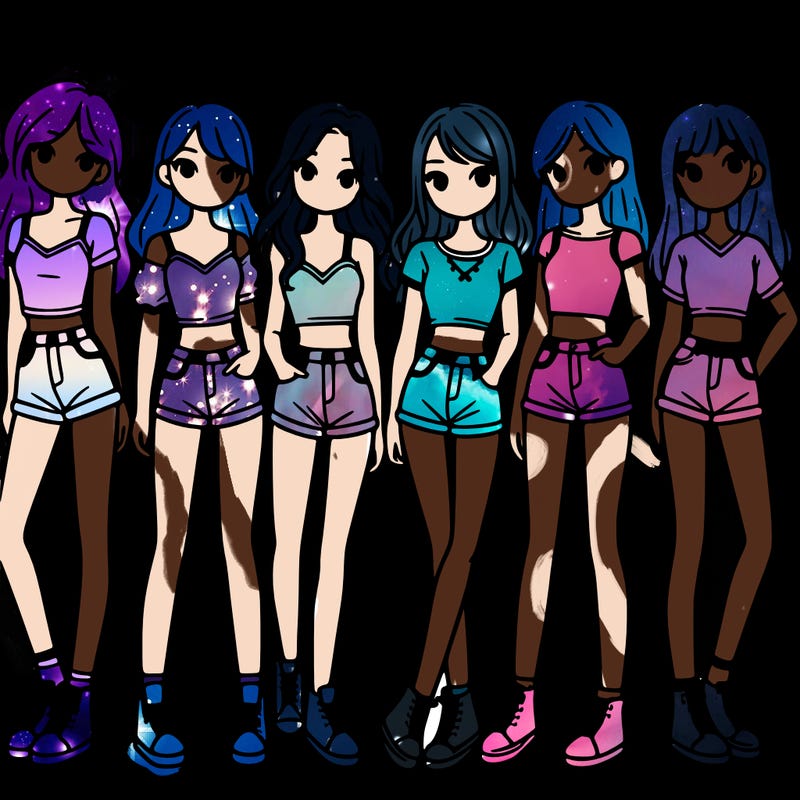 a group of girls wearing crop tops and shorts