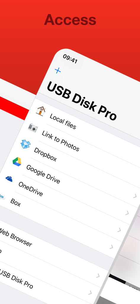 USB Disk Pro for iPhone - USB Disk Proアプリのインターフェース。DropboxやGoogle Driveなどのローカルファイルとクラウドストレージアカウントのリストを表示。