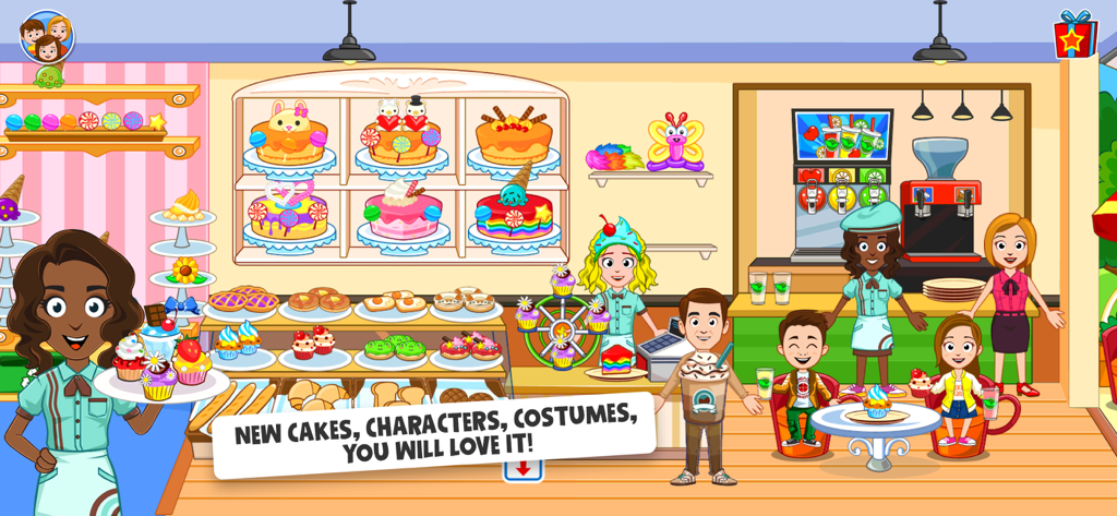 A colorful digital bakery scene in My Town Bakery featuring various characters and many types of cakes and pastries