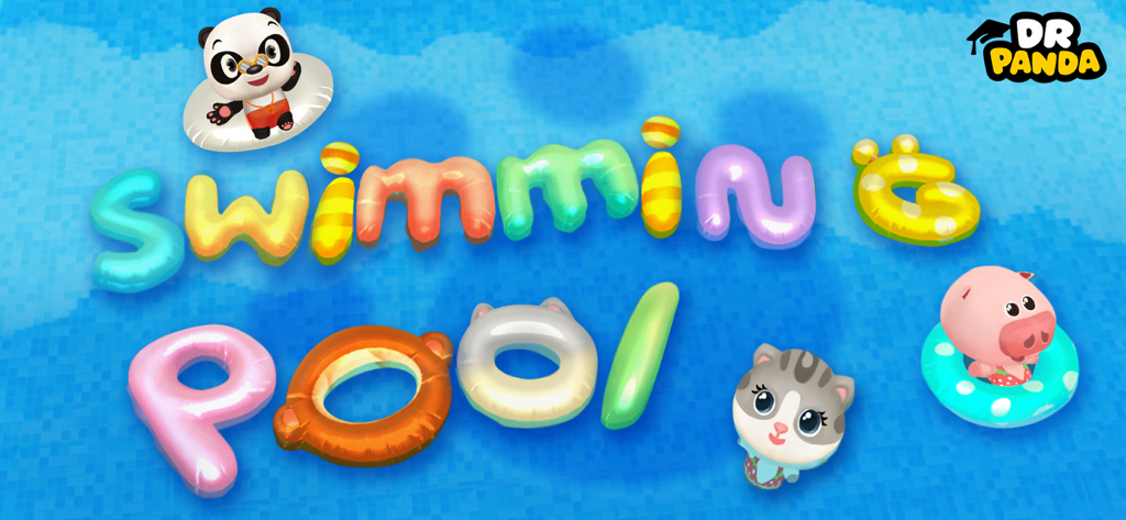 Colorful inflatable letters spelling out Swimming Pool with Dr. Panda and animal characters floating in blue water.
