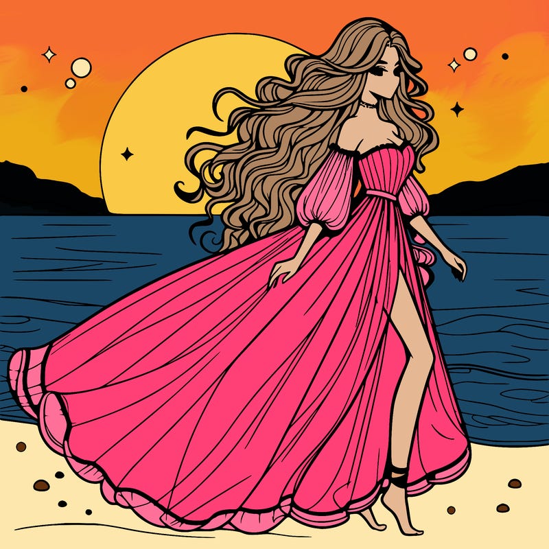 beautiful woman with a vaporous long dress walking on the beach at the noon, detailed art