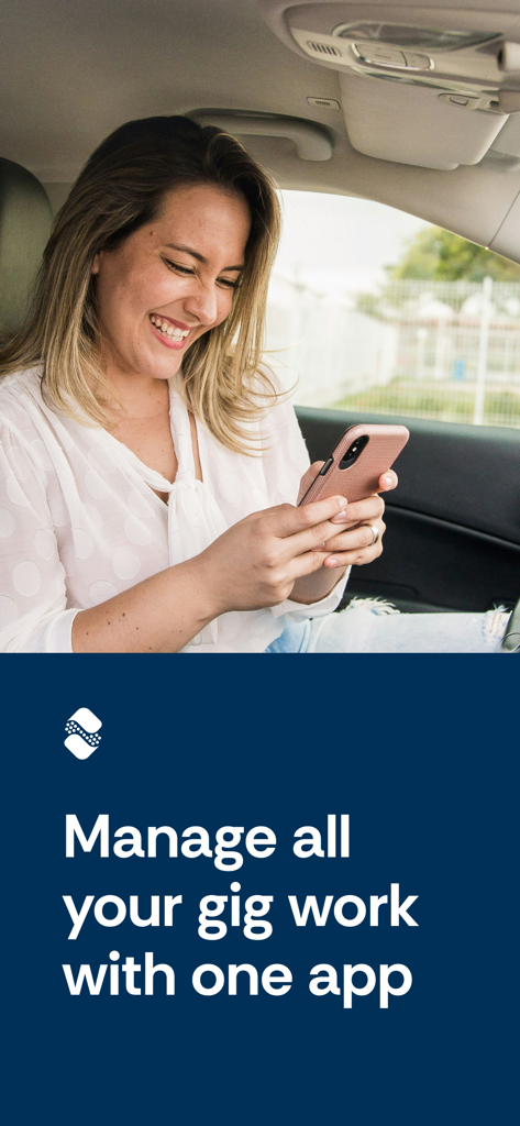 A smiling woman using her smartphone in a car with text saying Manage all your gig work with one app