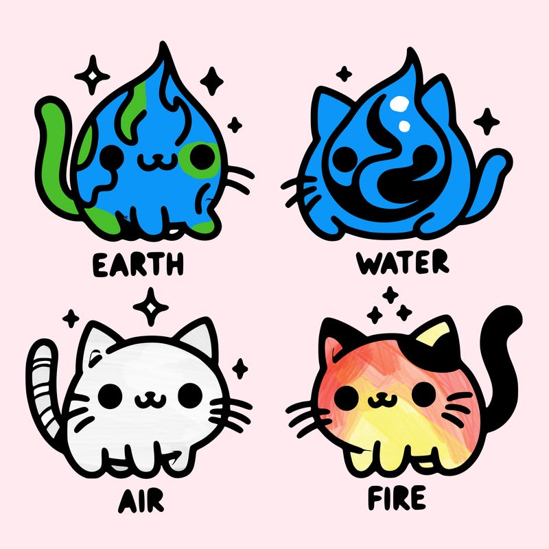 4 cats that represent the different elements, earth, water, air, and fire