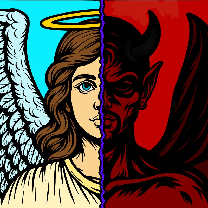 a split with one side a realistic detailed angel and one side a realistic detailed devil