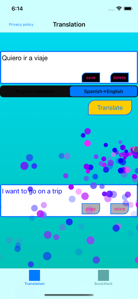 English to Spanish Translator. - English to Spanish Translator app interface showing a Spanish to English translation of a travel phrase
