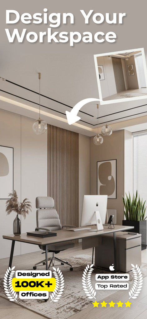 Office & Home Design Planner - Transformação de design de escritório moderno mostrando um cômodo vazio se tornando um espaço de trabalho mobiliado