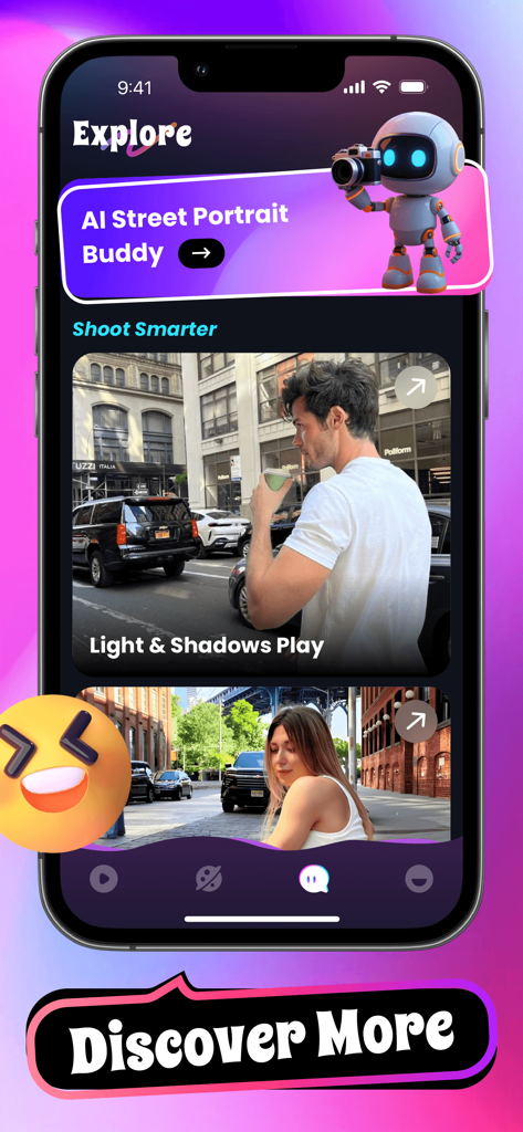 ChatOnline: Live Video Call - ChatOnlineアプリのエクスプロア画面で、AIストリートポートレートバディと都会の写真インスピレーションが表示されています