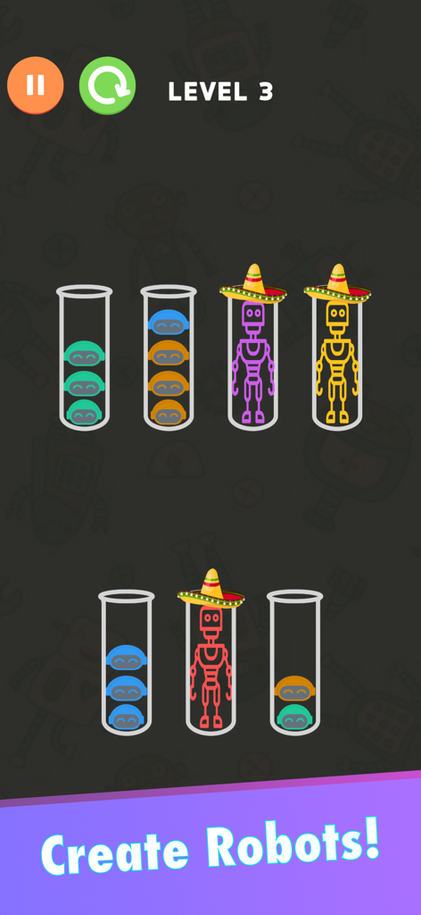 Bottle Sort: color magic sort - Una pantalla de juego de clasificación de colores que muestra piezas de robots organizándose en tubos de ensayo en el nivel 3.