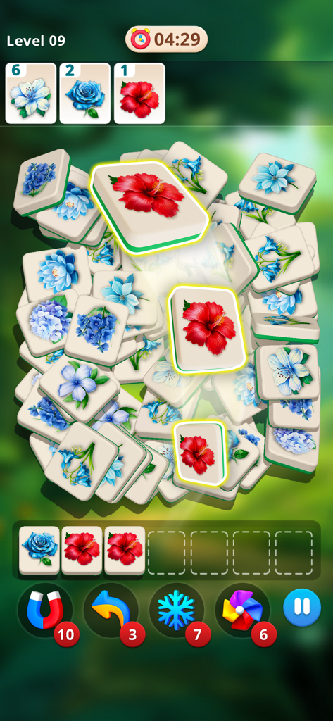 Tile Blossom Forest: Triple 3D - A 3D triple match puzzle game screen featuring beautiful floral tiles in a serene forest setting