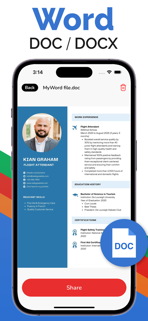 All Document Reader - Read PDF - Interfaz móvil de una aplicación lectora de documentos de Word mostrando un currículum profesional