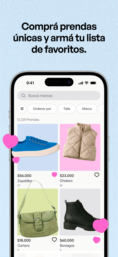 Mobile app screen showing unique second hand fashion items and a favorites feature