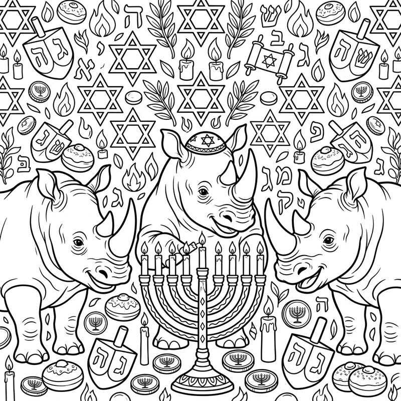 Dive into a truly unique Hanukkah celebration with this delightful coloring page featuring three friendly rhinoceroses. Discover a world filled with traditional symbols like menorahs, dreidels, and festive treats, all waiting for your creative touch.
