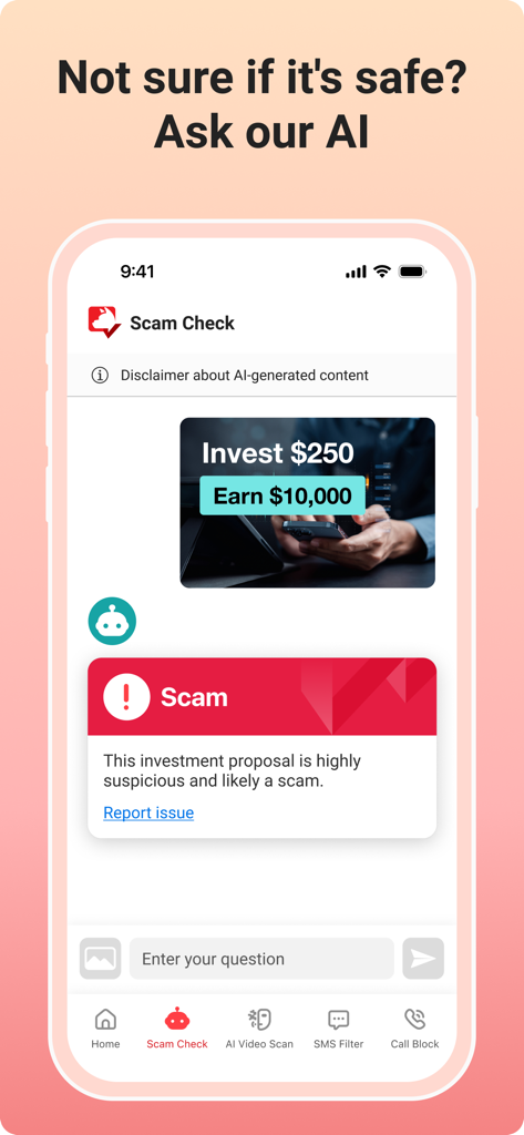 Trend Micro ScamCheck app interface showing AI detection of a fraudulent investment proposal