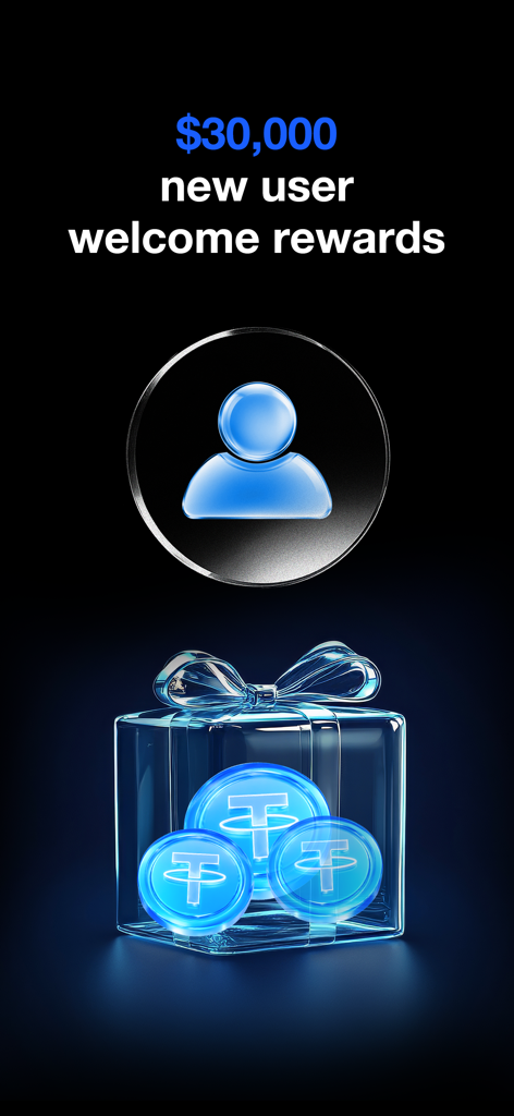 Promotional screen for BTCC app offering thirty thousand dollars in welcome rewards for new crypto trading users