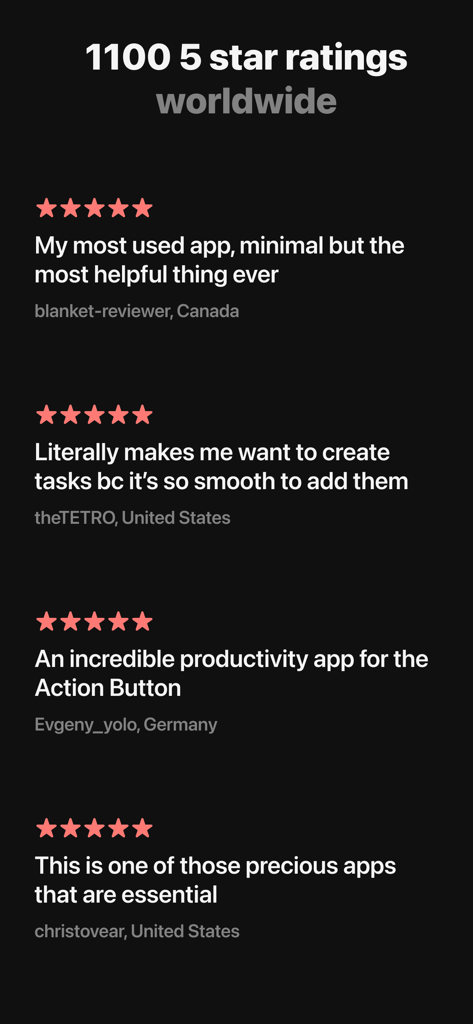 Five-star user reviews and worldwide ratings for the Remind Me Faster app.