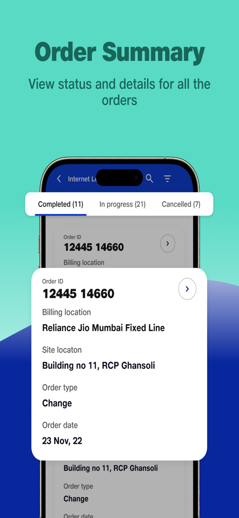 JioBusiness - JioBusiness app screen displaying an order summary with status and details for business orders.