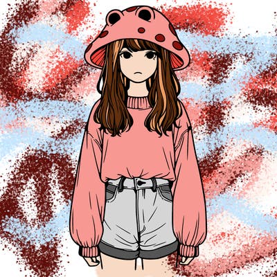 a realistic girl with a frog hat and baggy mushroom shirt