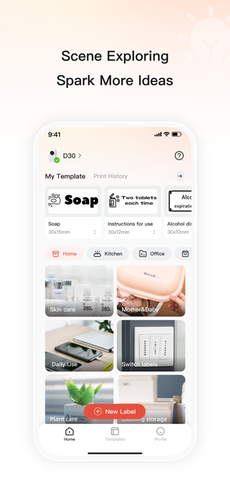 Home screen of the Print Master app showing various label templates and organization categories