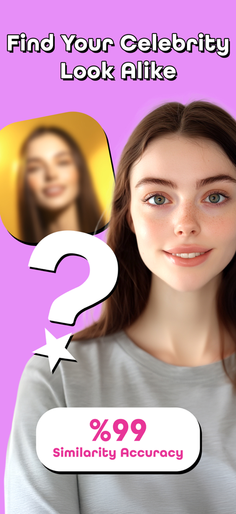 Star by Face·Celeb Lookalike - Vista previa de la app Star by Face mostrando una precisión de parecido del noventa y nueve por ciento para encontrar un doble de celebridad