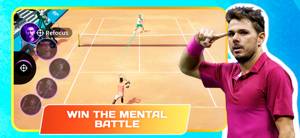 Tennis Manager 25 - MY PLAYER - 테니스 선수 게임 인터페이스의 정신력 싸움 전략 기능을 강조하는 클레이 코트 테니스 경기 시뮬레이션