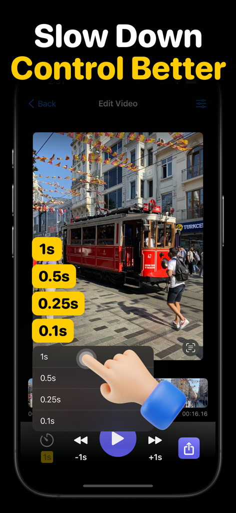 Framera App-Oberfläche, die Zeitlupengeschwindigkeitssteuerungen für die präzise Extraktion von Videoframes zeigt