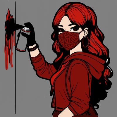 realistic girl with mask spray painting a wall