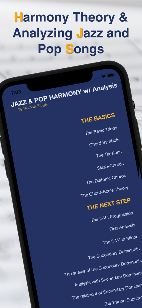 Jazz & Pop Harmony /w Analysis - App interface showing a list of jazz and pop music theory lessons