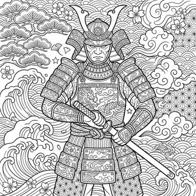 Dive into the honorable world of ancient Japan with this stunning Samurai Warrior adult coloring page. Experience the challenge and tranquility of coloring a highly detailed figure set against a backdrop of traditional Japanese motifs.