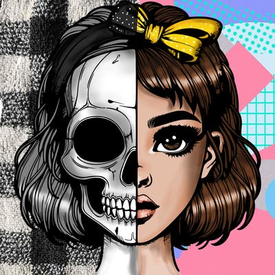 realistic girl with half skull mask